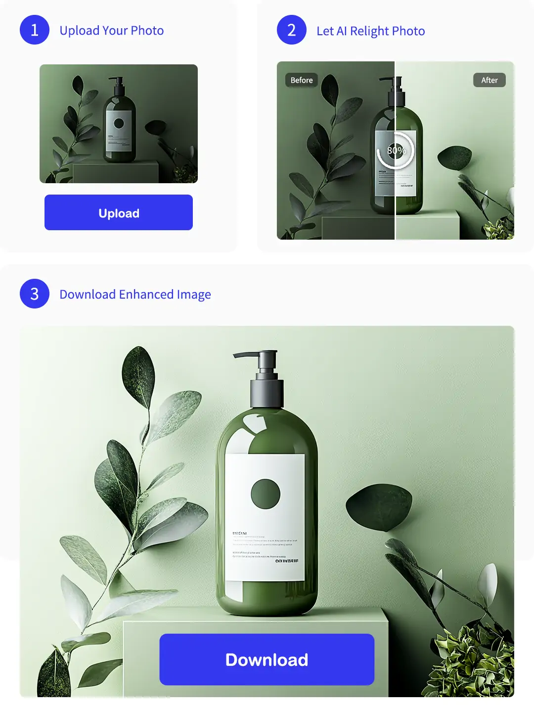 Three-step AI relight photo process of Pokecut