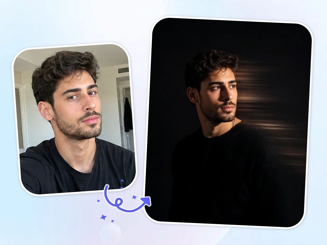 Create Dark studio portrait with black background and motion trails