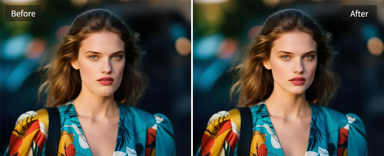 Fashion model with double chin removed using AI tool