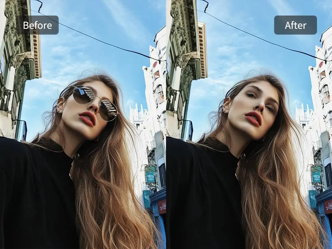 Sunglasses removal AI before and after
