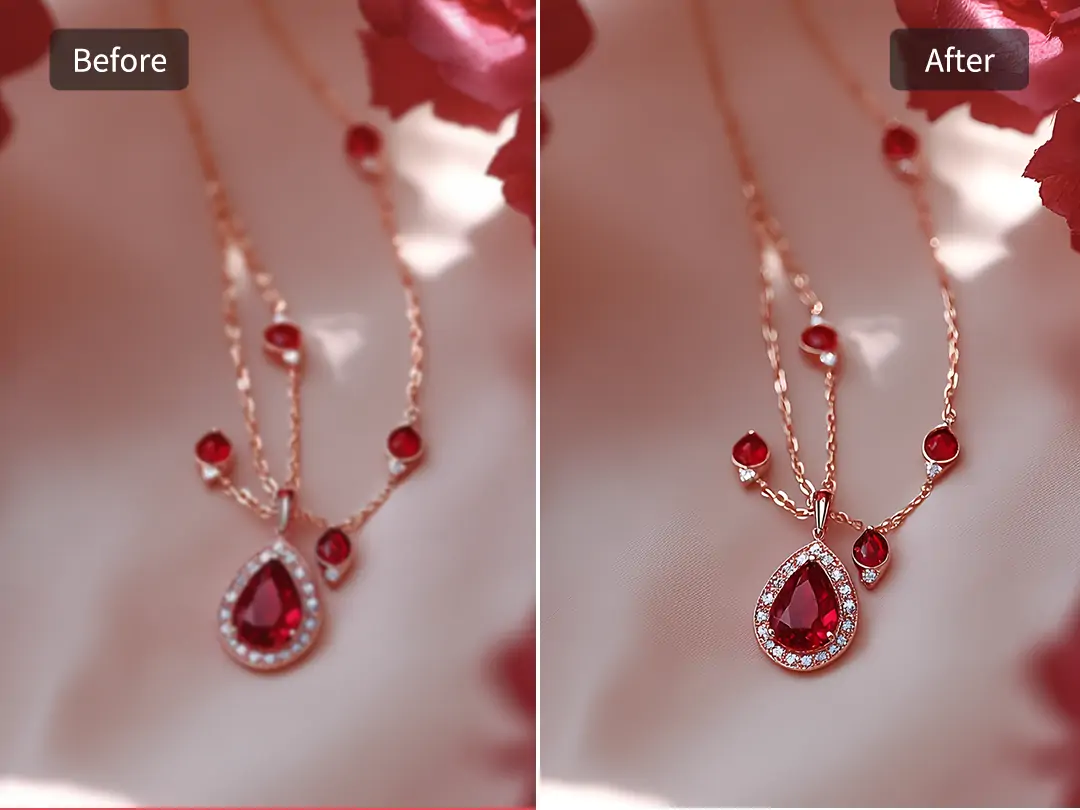 Before and after comparison of a necklace photo showing blurry JPEG artifacts on the left and a clear on the right