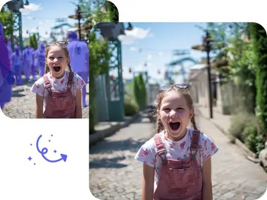 Remove tourists from a photo of a child.