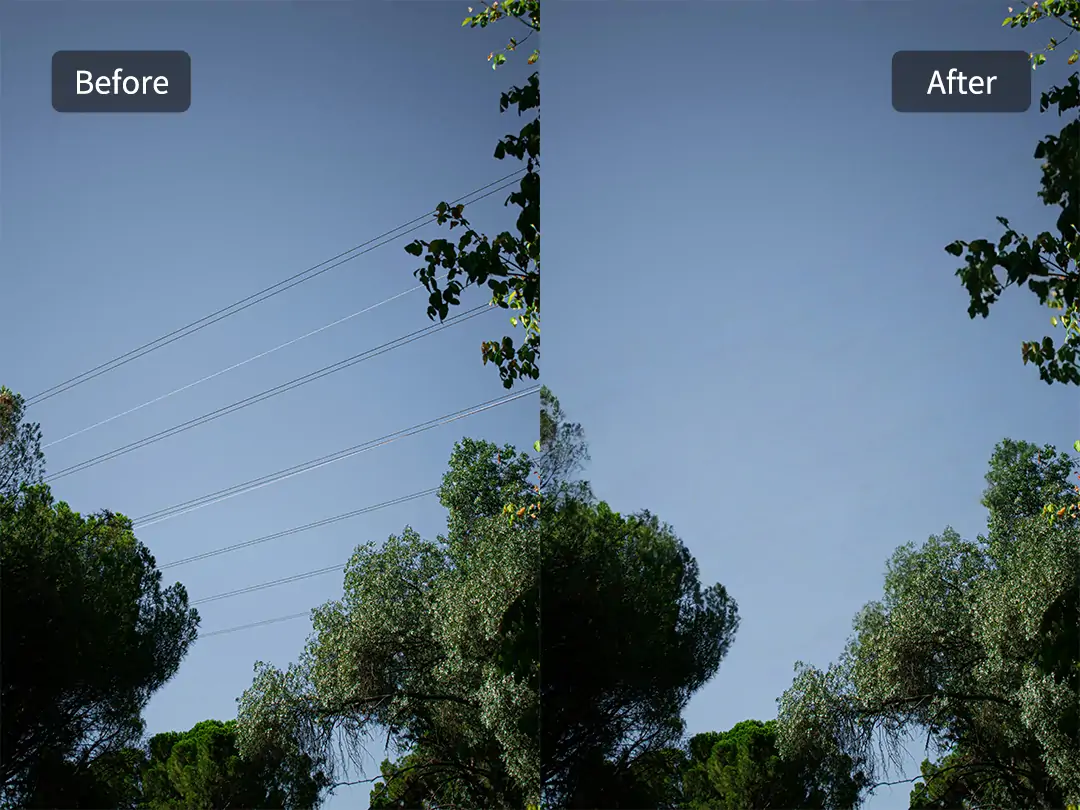 AI removes power lines from a photo with trees