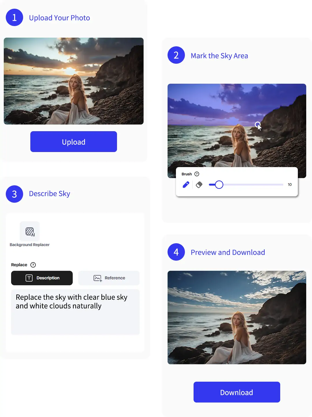 Composite image showing AI sky replacement workflow: photo upload, sky marking, template selection, and final vivid sky result