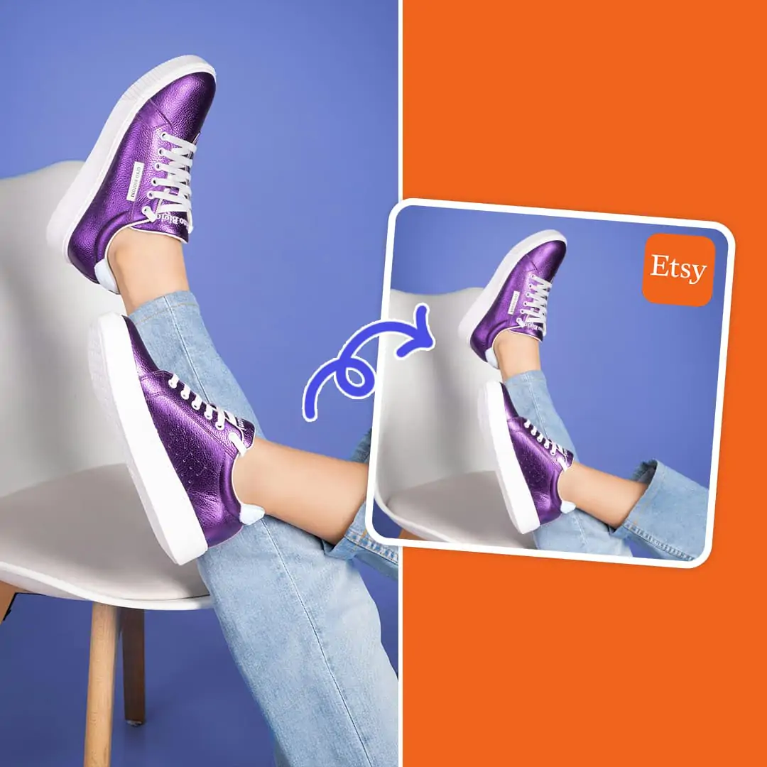 Online tool interface for resizing product images to Etsy photo requirements, showing quick, easy adjustment and multiple photo sizes.