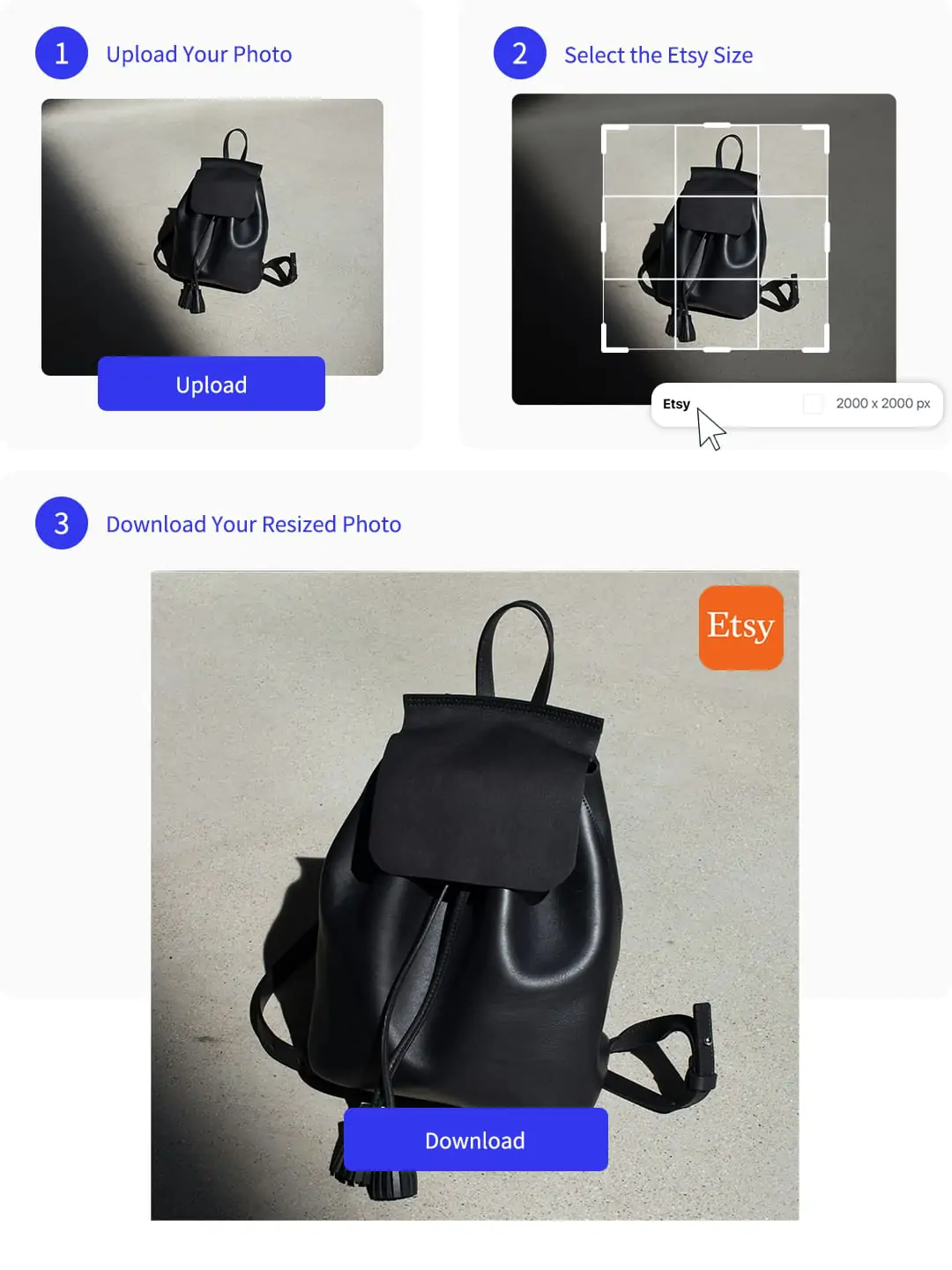 Step-by-step Etsy image resizer process: uploading photo, selecting Etsy size, and downloading ready-to-upload product image.