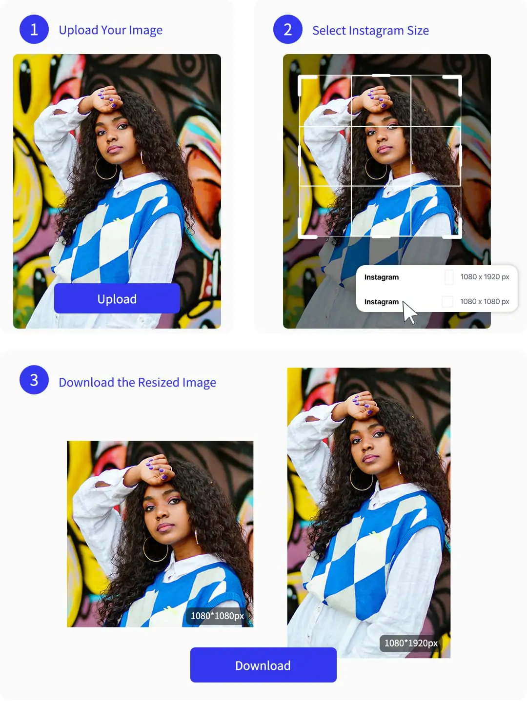 Step-by-step process of resizing an image for Instagram, including upload, size selection, and downloading optimized photo.