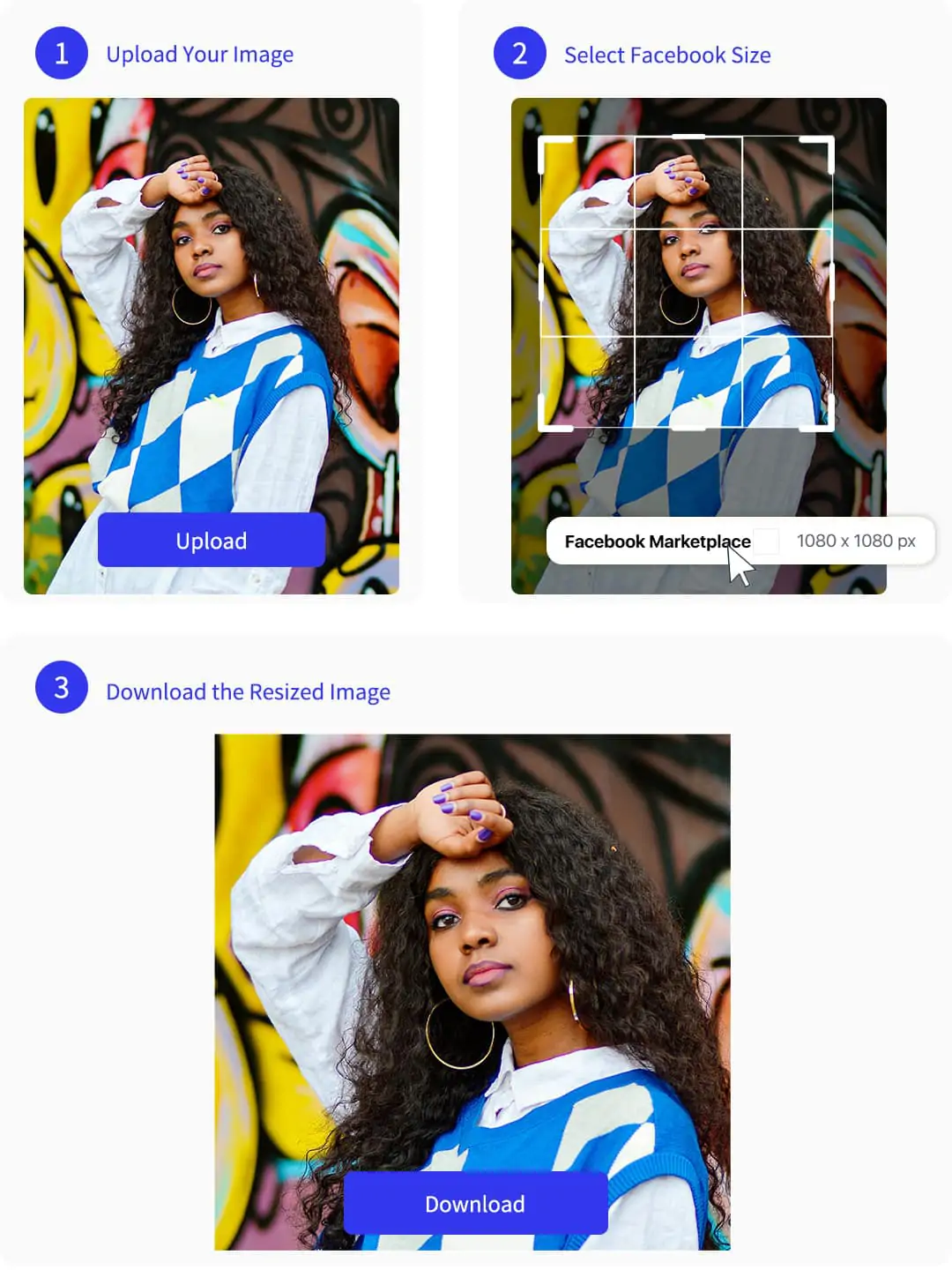 Three-step process: upload image, select Facebook size, and download ready-to-use photo for social media.