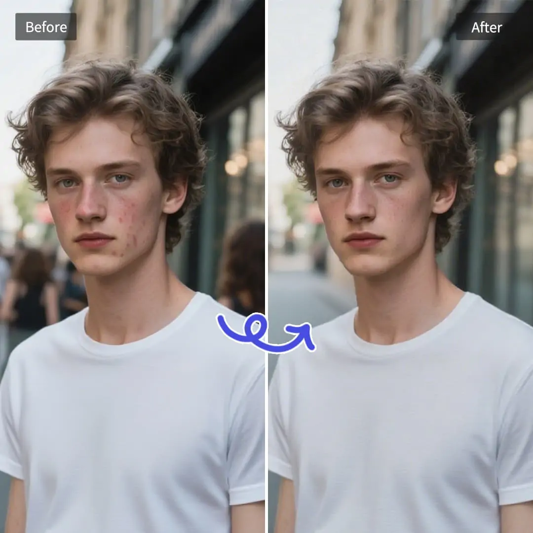 Use Pokecut AI to retouch photo and remove unwanted people and skin blemishes for a flawless, natural result.