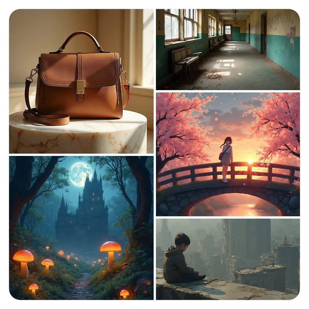A collage of AI-generated scenes with creative prompts.