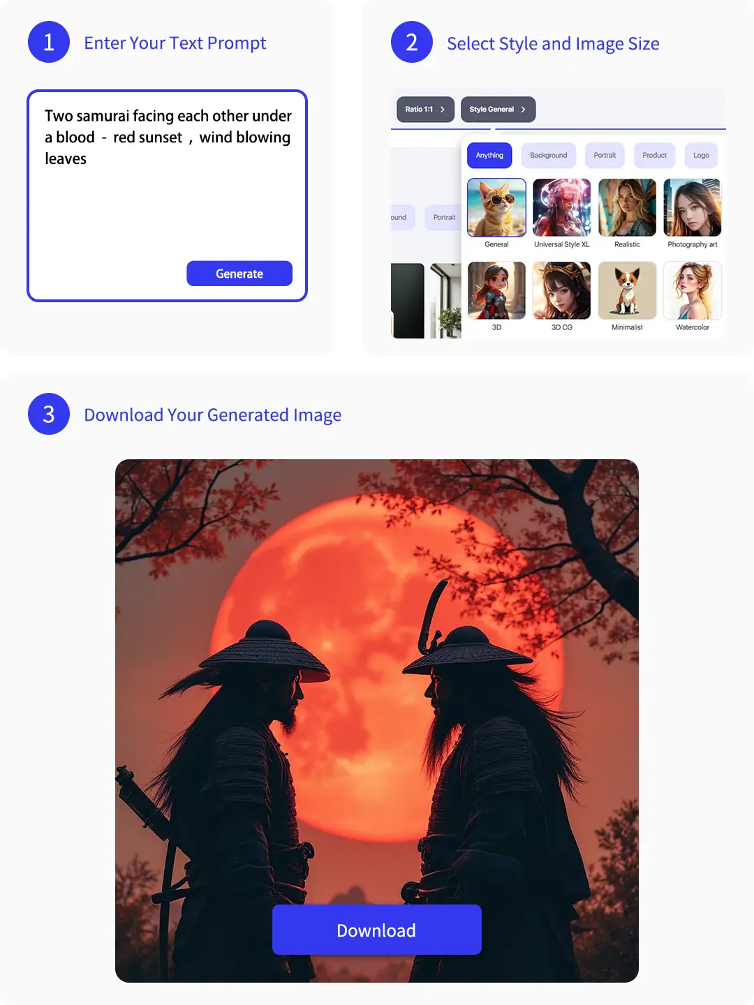 Three-step visual of AI scene generation process