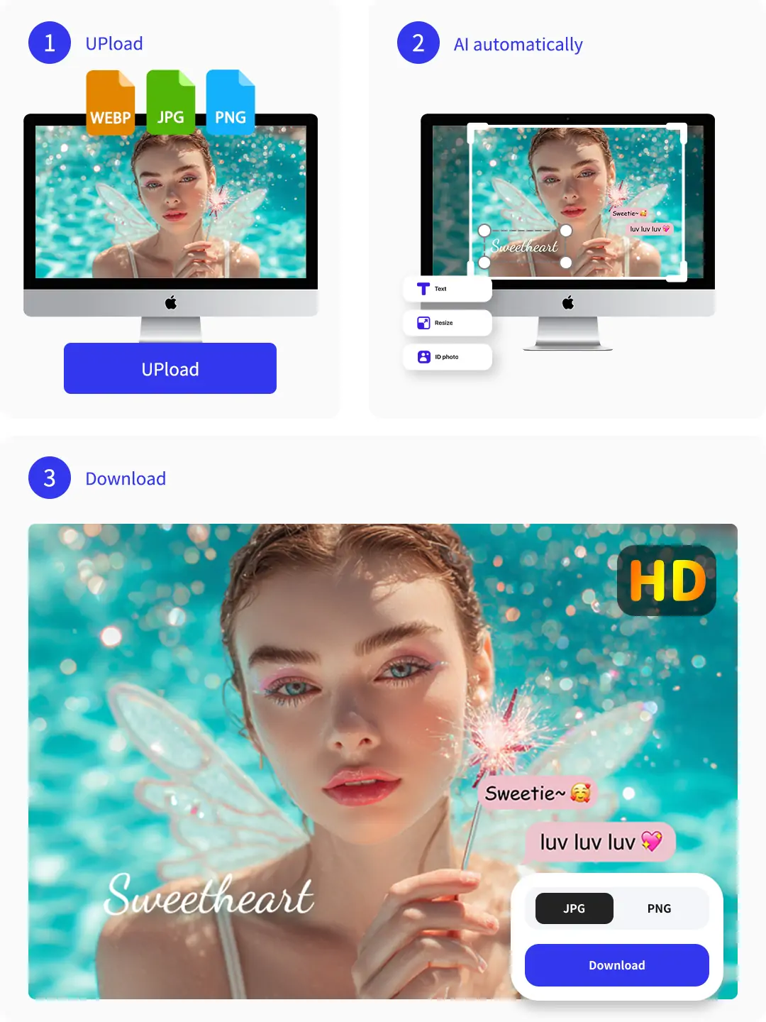 Step-by-step screenshot editor process: upload image, edit with AI tools and annotations, then download as high-quality file.