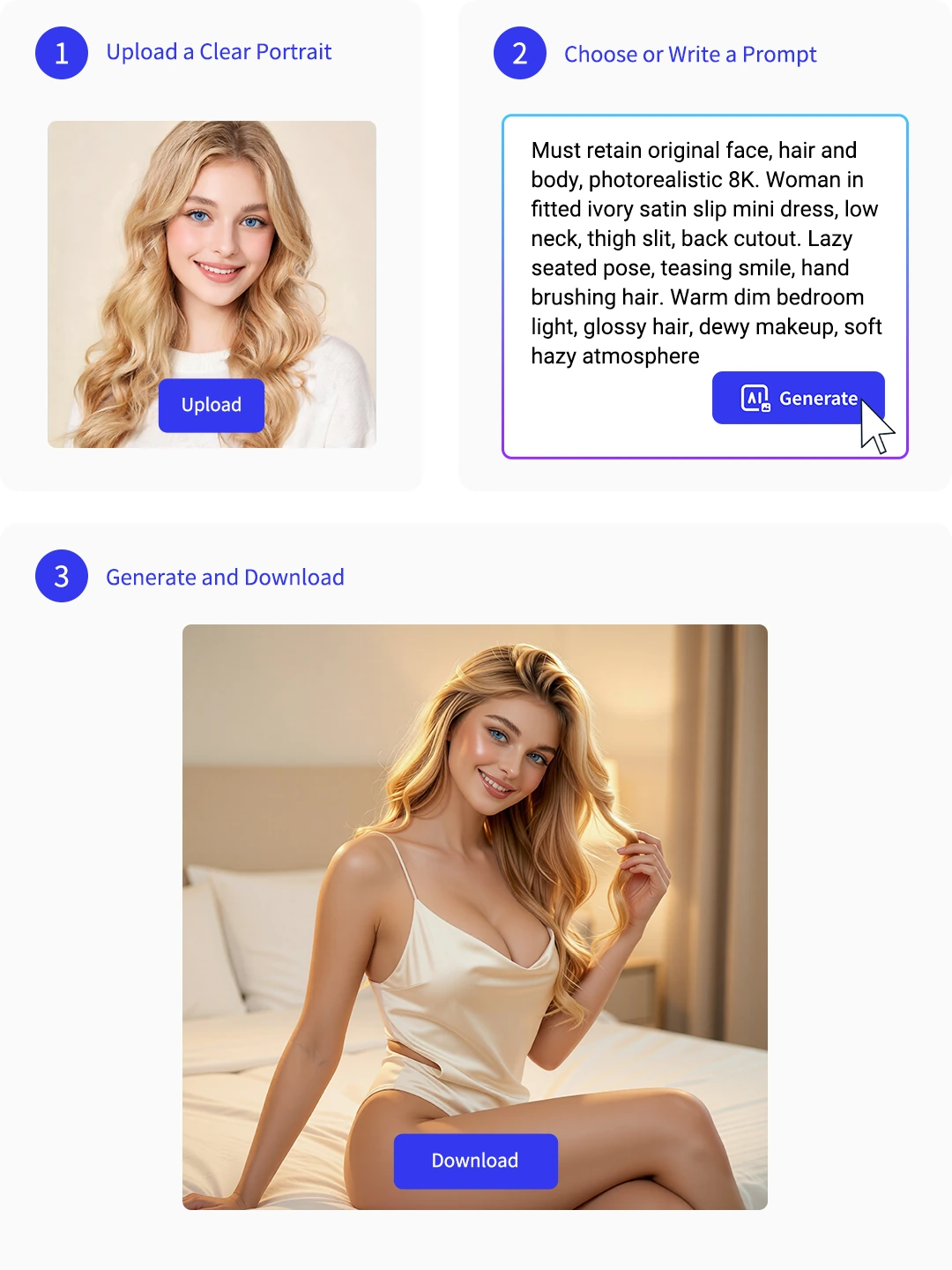 Three-step workflow for creating sexy photos online