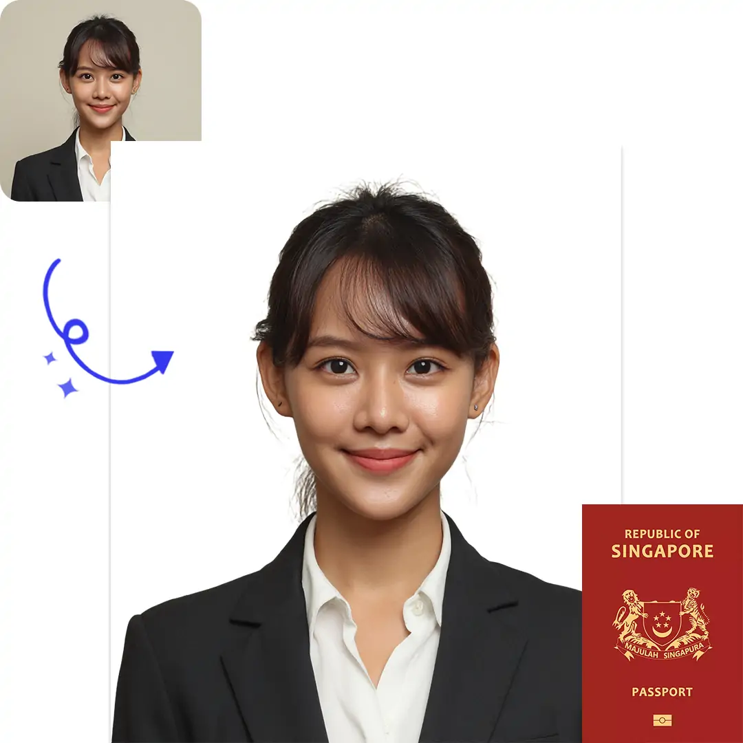 AI-generated Singapore passport photo compared to original portrait, showing size and requirements.