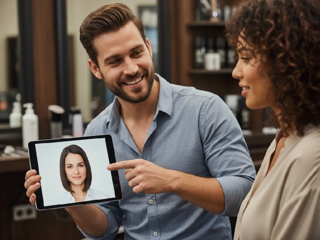 The hairdresser shows the customer the effect of straightening hair