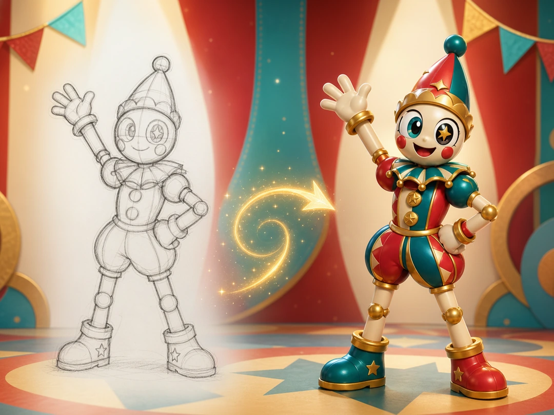 Convert a rough OC sketch into a circus character