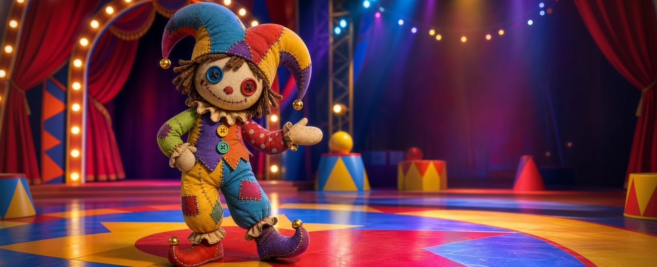 Generate a jester doll TADC OC with patchwork details