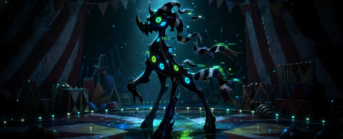 Design a glitch beast TADC OC with neon eyes