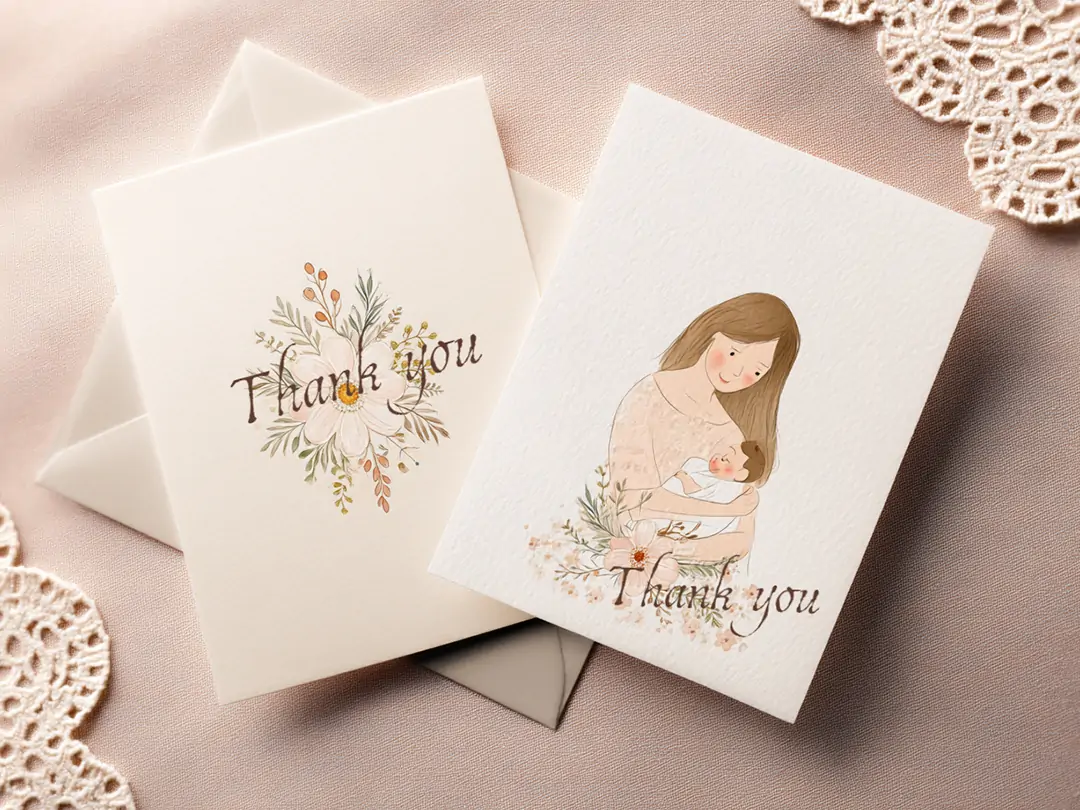 Before and after comparison of thank you card design using AI tools, showing enhanced layout, custom text, and creative stickers.