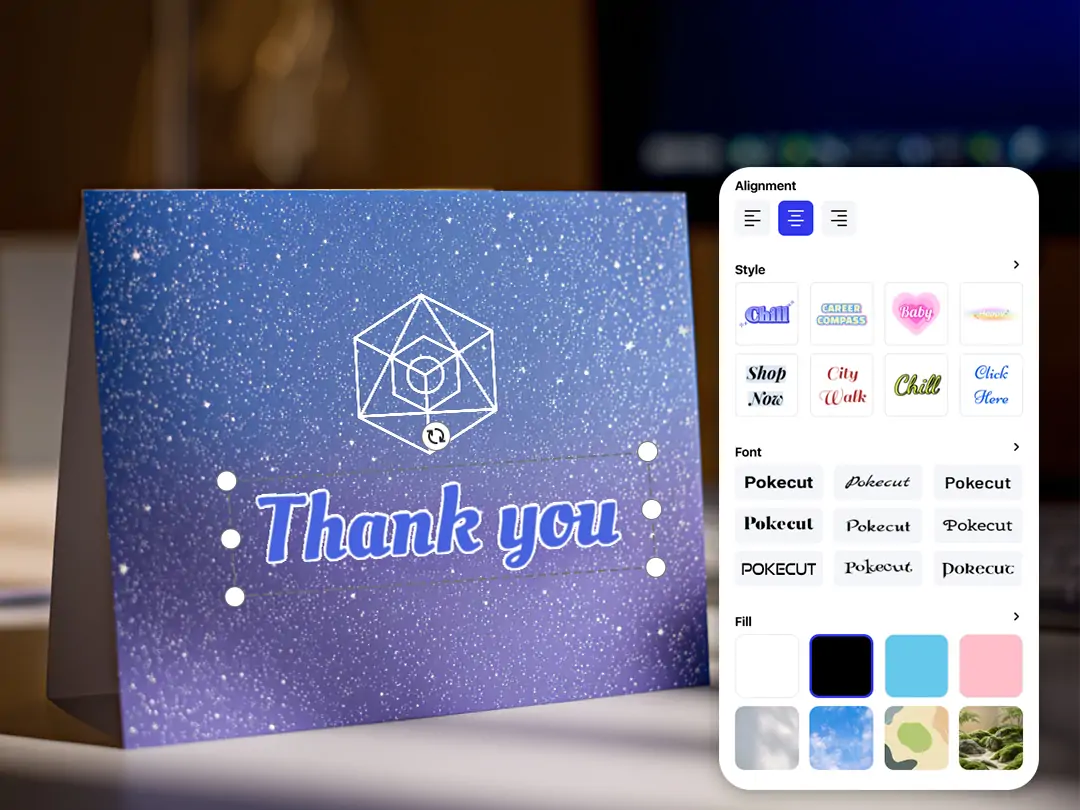 AI thank you card design with multiple fonts and creative stickers, showing enhanced color and visual details.