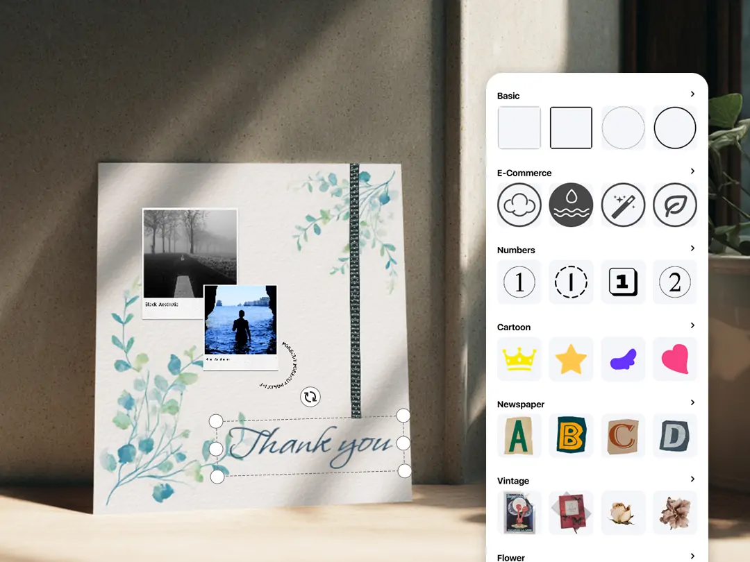 Various AI-designed thank you card templates for friends, teachers, and family, highlighting customization and creative diversity.