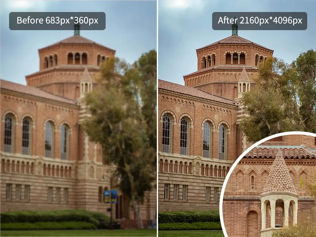 Upscale and improve the quality of image by increasing resolution and adding pixels