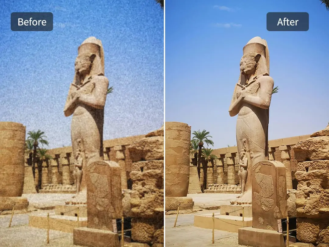 Use Pokecut's AI denoising function to remove noise from historical building image