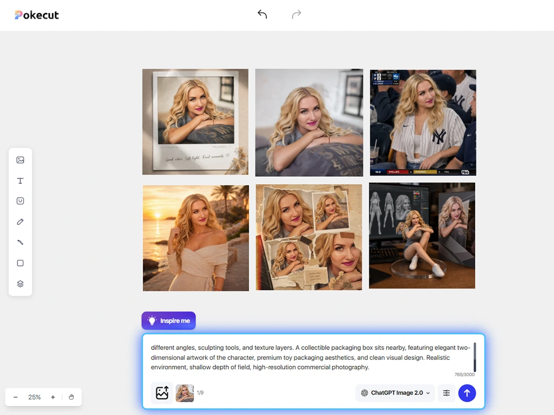 Pokecut canvas comparing four AI photo prompt results