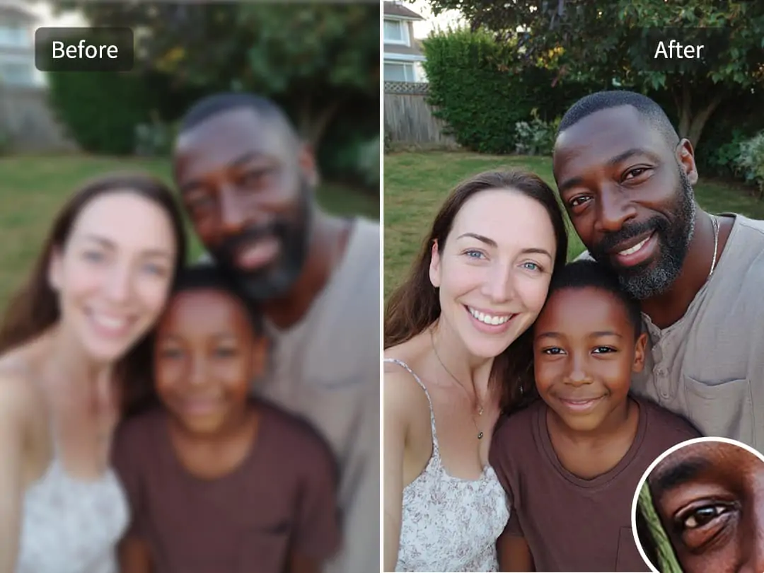 Close-up of a blurred photo becoming sharp using AI enhancement tool
