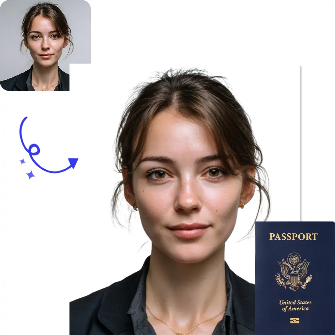 Side-by-side comparison of an original photo and an AI-generated US passport photo with a white background