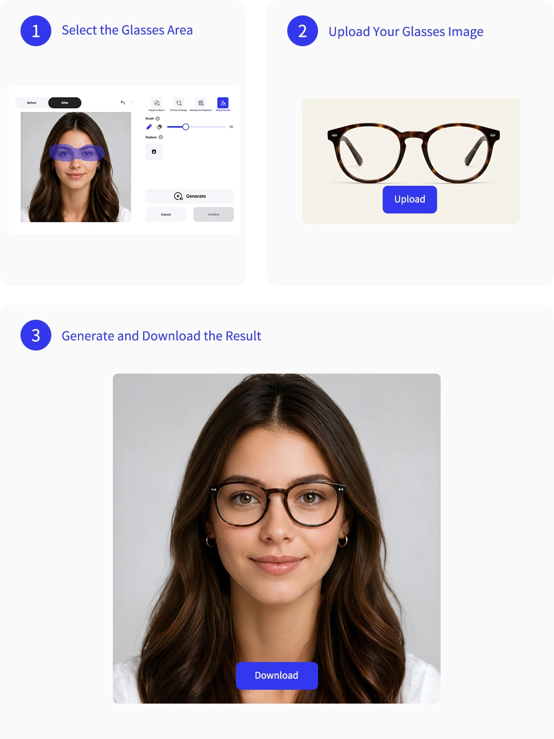 Display three steps: select the area, upload a glasses image, and download the result