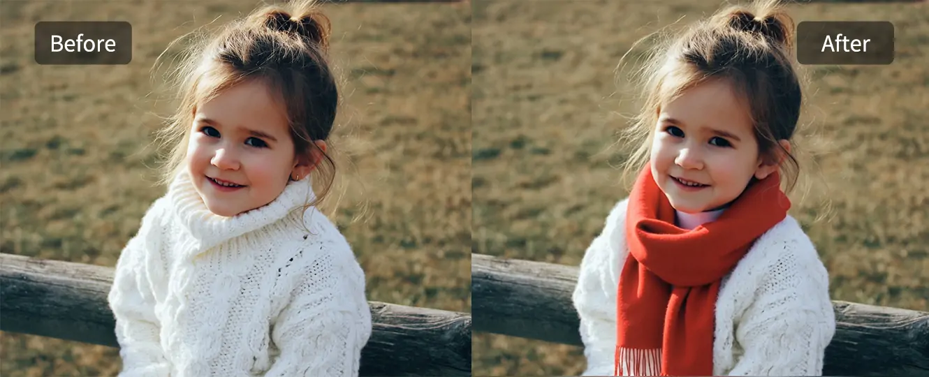 A chlid tries on a scarf with AI