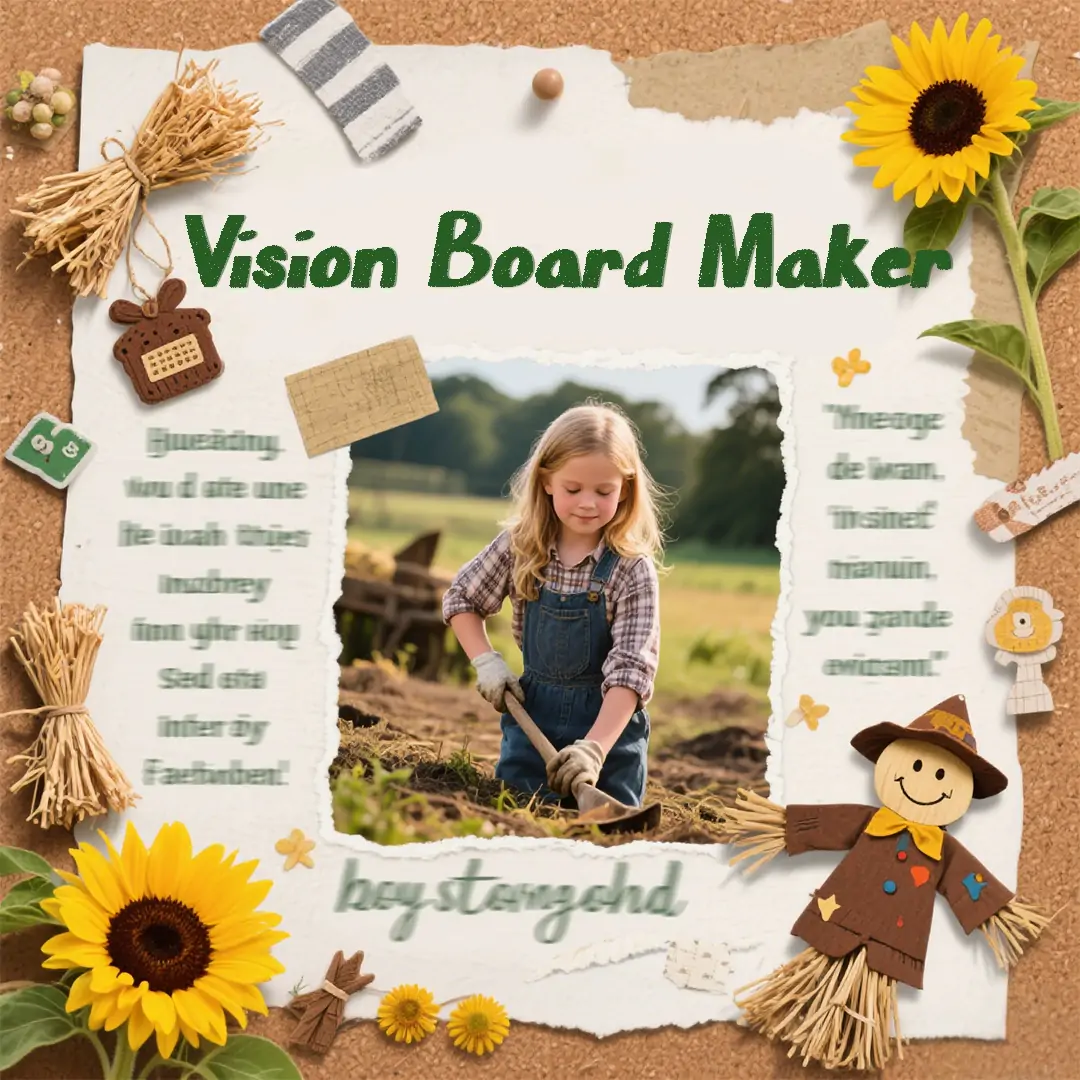 Creative vision board collage with motivational quotes, lifestyle photos, and craft supplies on a bright workspace