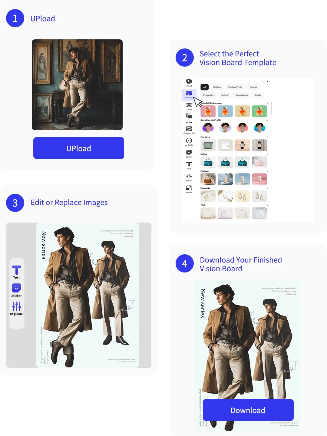 Vision board creation process with photo upload, template selection, editing tools, and high-quality downloads on a modern workspace